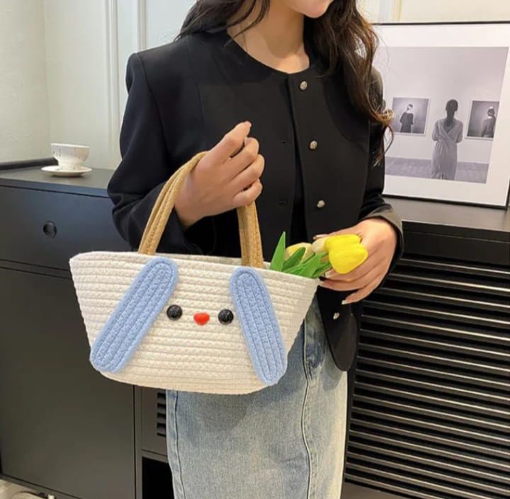 Cute Face Jute Cotton Handbag