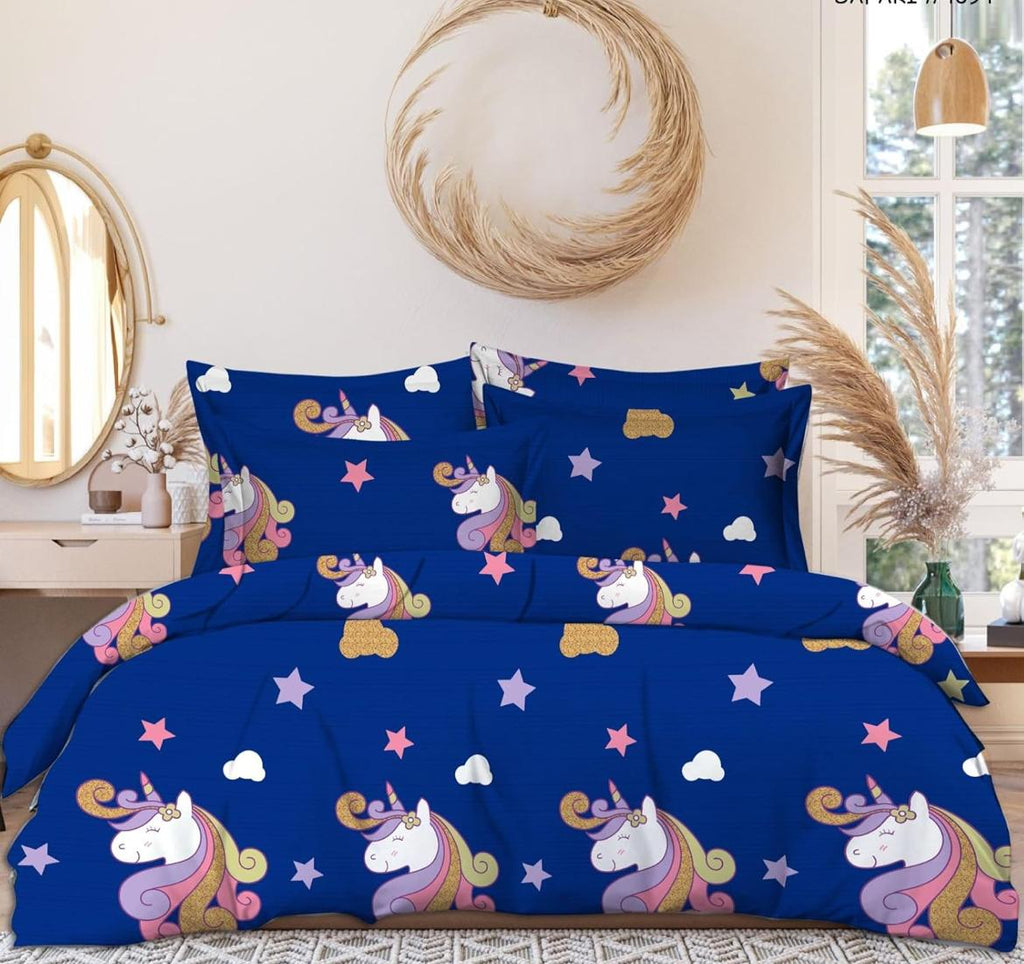 Kids Unicorn Printed Elastic Fitted Double Bed Bedsheet