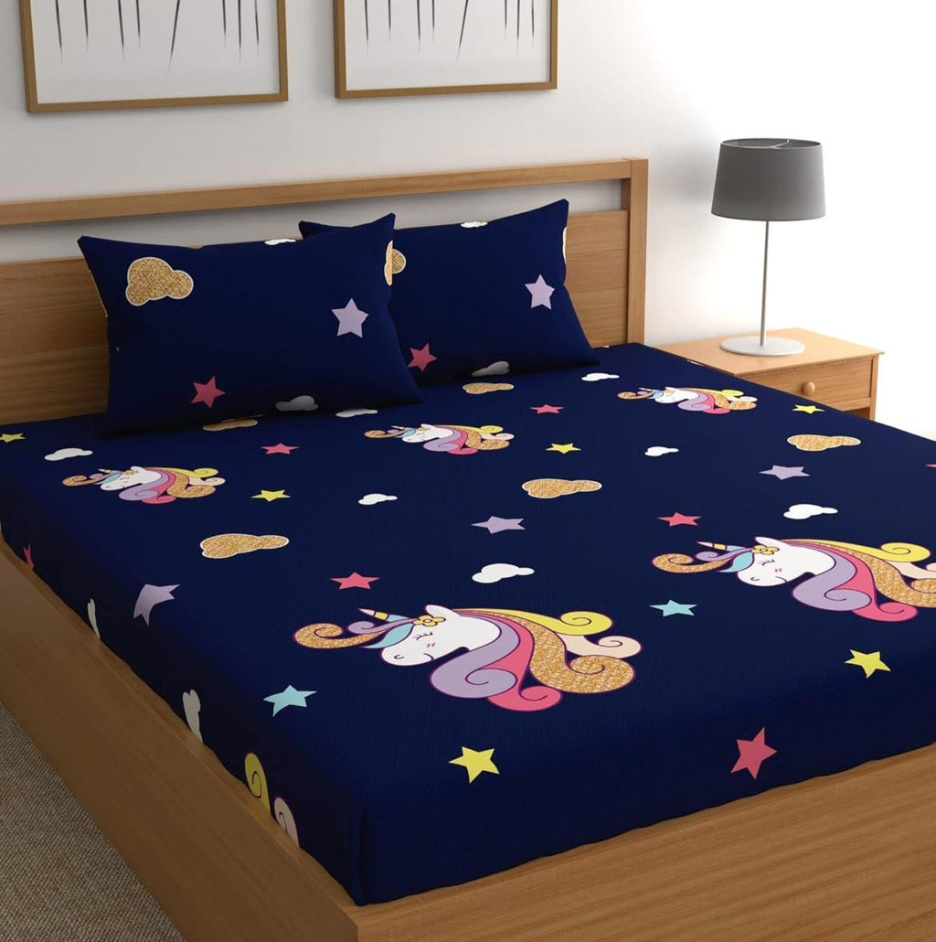 Kids Unicorn Printed Elastic Fitted Double Bed Bedsheet