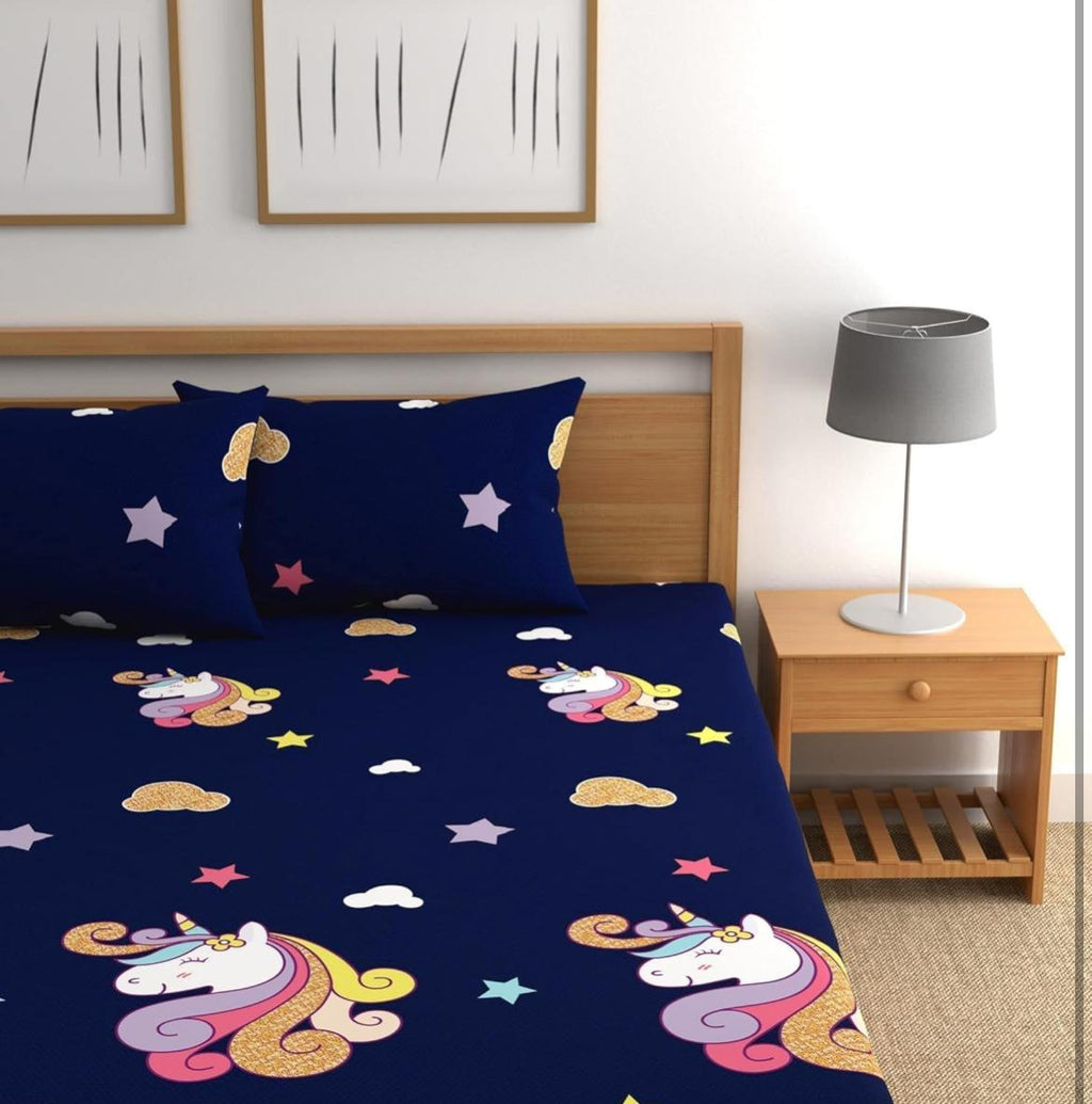 Kids Unicorn Printed Elastic Fitted Double Bed Bedsheet